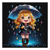 かわいいチビ（小さくかわいく書いた感じ）の女の子が喜ばしい雨の日 ポスター (正面)