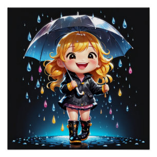 かわいいチビ(小さくかわいく書いた感じ)の女の子が喜ばしい雨の日 ポスター