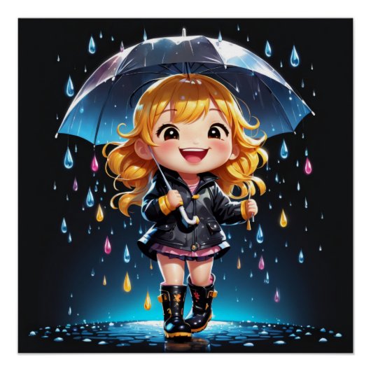かわいいチビ（小さくかわいく書いた感じ）の女の子が喜ばしい雨の日 ポスター (正面)