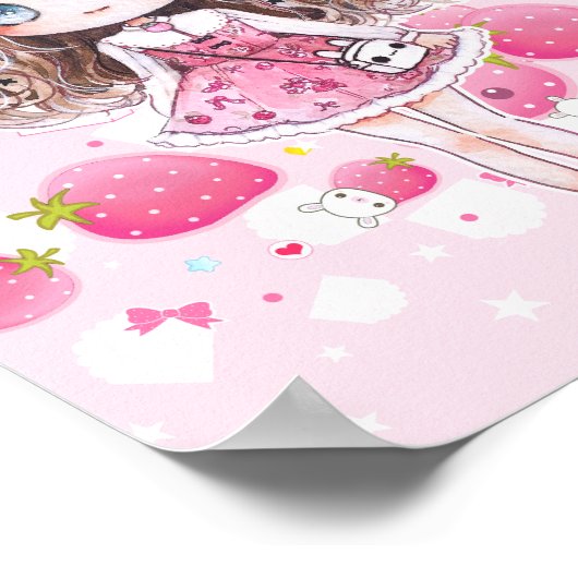 かわいいチビ（小さくかわいく書いた感じ）の女の子とかわいいイチゴ ポスター (角)