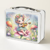 かわいいチビ(小さくかわいく書いた感じ)の妖精とバイオリンの花ピンク メタルランチボックス (裏面)