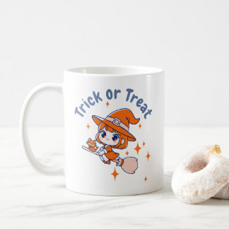 かわいいチビ(小さくかわいく書いた感じ)ウィッチ"トリックまたはトリート"ハロウィーン コーヒーマグカップ