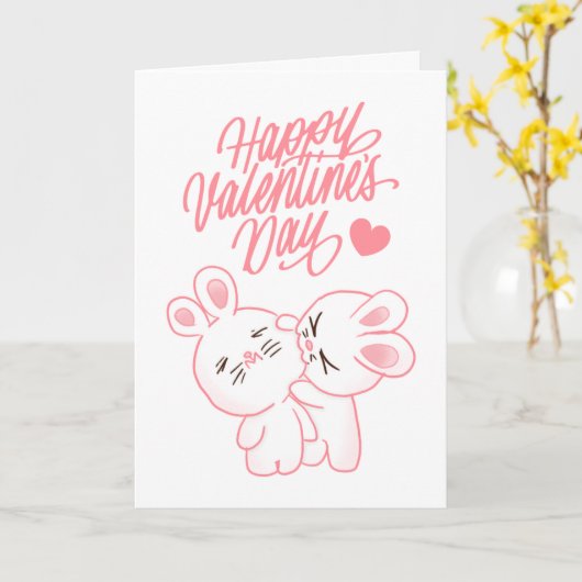 かわいいチビ(小さくかわいく書いた感じ)カップルうさぎハッピーバレンタインデー カード (黄色い花)