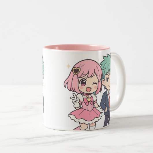 かわいいチビ（小さくかわいく書いた感じ）カップルのアニメマグかわいいギフト ツートーンマグカップ (正面右)