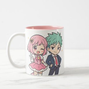 かわいいチビ(小さくかわいく書いた感じ)カップルのアニメマグかわいいギフト ツートーンマグカップ