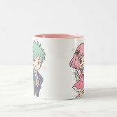 かわいいチビ（小さくかわいく書いた感じ）カップルのアニメマグかわいいギフト ツートーンマグカップ (中央)