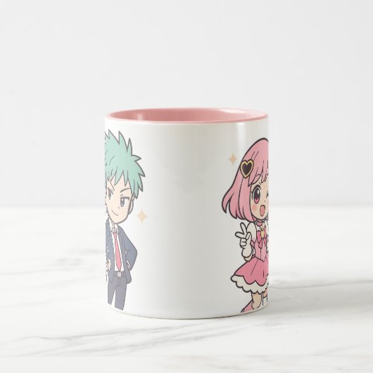 かわいいチビ（小さくかわいく書いた感じ）カップルのアニメマグかわいいギフト ツートーンマグカップ (中央)
