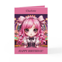 かわいいチビ（小さくかわいく書いた感じ）ガールピンクの髪の誕生日カード