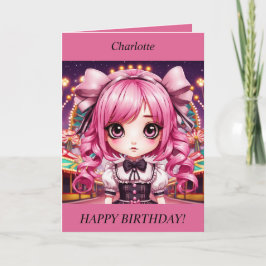 かわいいチビ(小さくかわいく書いた感じ)ガールピンクの髪の誕生日カード シーズンカード
