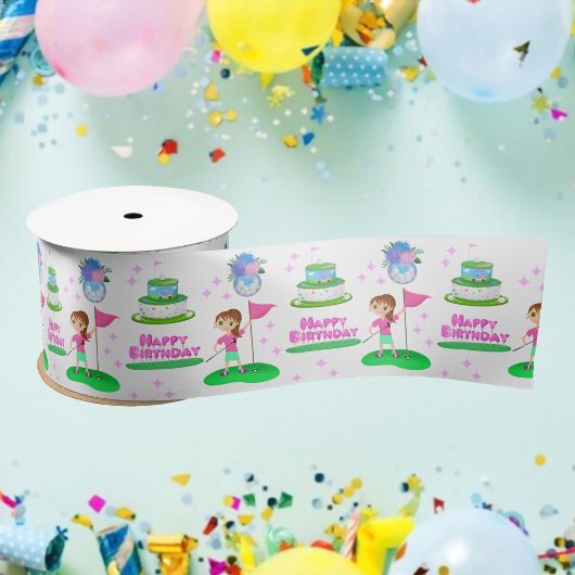 かわいいチビ(小さくかわいく書いた感じ)ガール誕生日ゴルフをテーマにした誕生日 サテンリボン