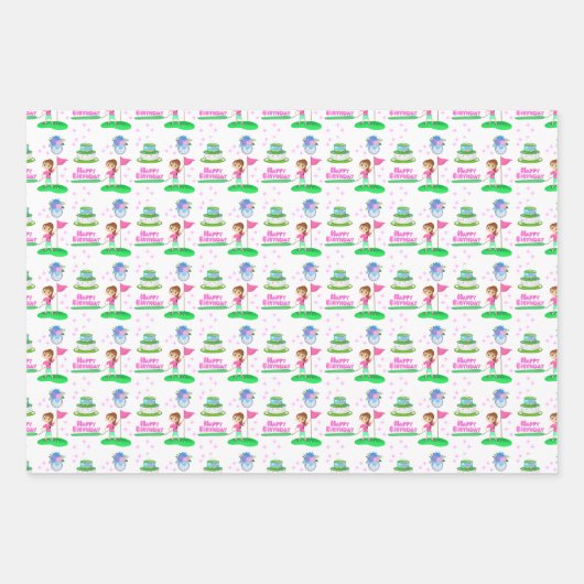 かわいいチビ（小さくかわいく書いた感じ）ガール誕生日ゴルフをテーマにした誕生日 ラッピングペーパーシート (正面)