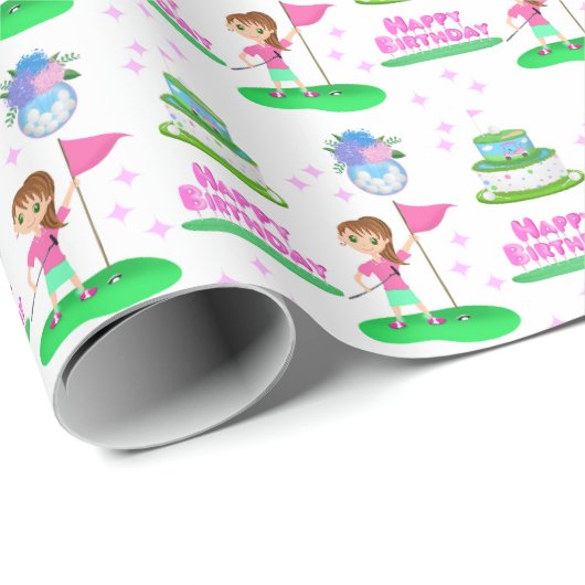 かわいいチビ（小さくかわいく書いた感じ）ガール誕生日ゴルフをテーマにした誕生日 ラッピングペーパー (ロールコーナー)