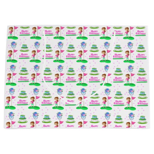 かわいいチビ（小さくかわいく書いた感じ）ガール誕生日ゴルフをテーマにした誕生日 ラージペーパーバッグ (正面)