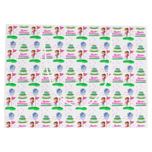 かわいいチビ（小さくかわいく書いた感じ）ガール誕生日ゴルフをテーマにした誕生日 ラージペーパーバッグ (裏面)