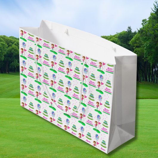 かわいいチビ（小さくかわいく書いた感じ）ガール誕生日ゴルフをテーマにした誕生日 ラージペーパーバッグ