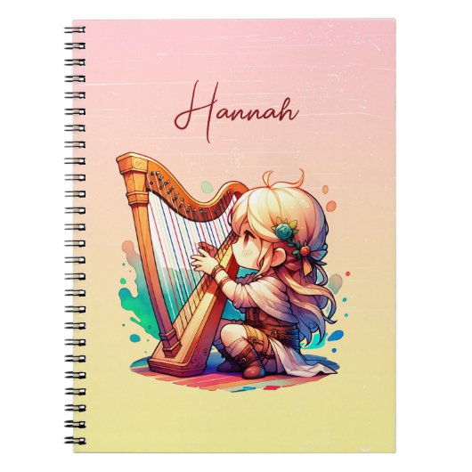 かわいいチビ(小さくかわいく書いた感じ)ガール遊ズハープパーソナライズされた ノートブック (正面)