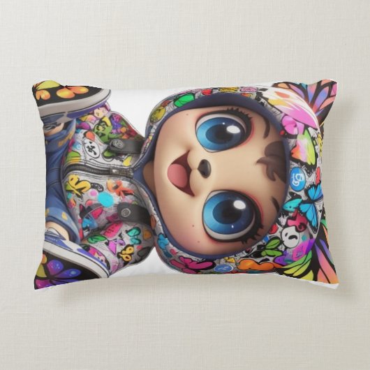 かわいいチビ(小さくかわいく書いた感じ)クマinグラフィティバタフライフード付きスウェットシャツ-  アクセントクッション (正面)