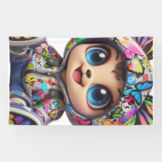 かわいいチビ(小さくかわいく書いた感じ)クマinグラフィティバタフライフード付きスウェットシャツ-  横断幕 (横)