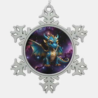 かわいいチビ（小さくかわいく書いた感じ）スタイルブルードラゴン スノーフレークピューターオーナメント