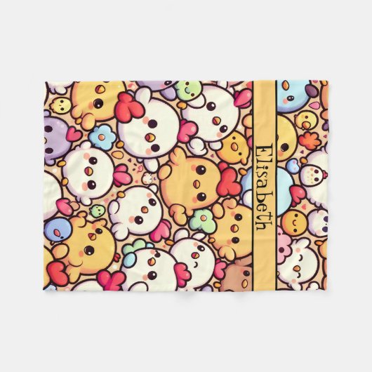 かわいいチビ(小さくかわいく書いた感じ)チキンパターンデザイン パーソナライズされた フリースブランケット (正面(横))
