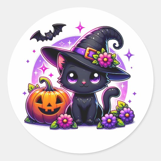 かわいいチビ（小さくかわいく書いた感じ）ハロウィーンブラックキャットとカボチャ ラウンドシール (正面)