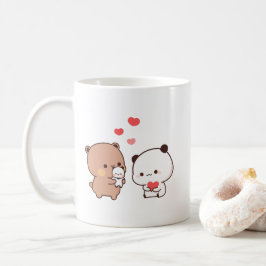 かわいいチビ(小さくかわいく書いた感じ)パンダのクマ、ミルクとモカハートの愛 コーヒーマグカップ