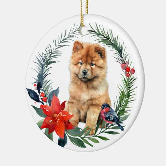 かわいいチャウチャウパピーウォーターカラーポインセチア セラミックオーナメント (左)