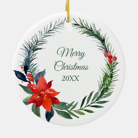 かわいいチャウチャウパピーウォーターカラーポインセチア セラミックオーナメント (裏面)