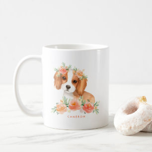 かわいいチャールズ水彩画王スパニエル犬のモモの花柄 コーヒーマグカップ