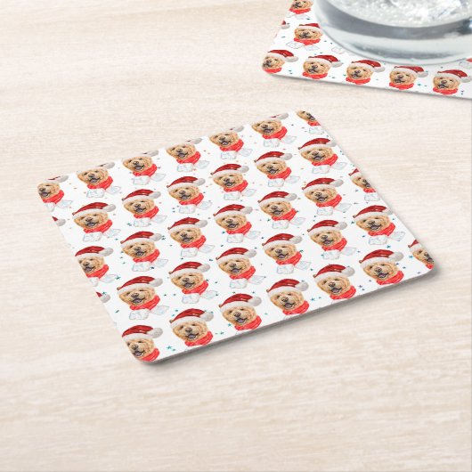 かわいいチョウ犬のクリスマスパターン スクエアペーパーコースター (アングル)