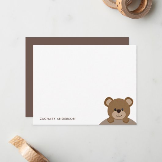 かわいいチョコブラウンのクマの子供の名前の文房具 ノートカード (正面/裏面インサイチュ)