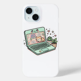かわいいチルな雰囲気のラップトップ・猫・植木鉢 ステッカー iPhone 15ケース