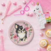 かわいいチワホアパピーと花の水彩画 ペーパープレート (パーティー)