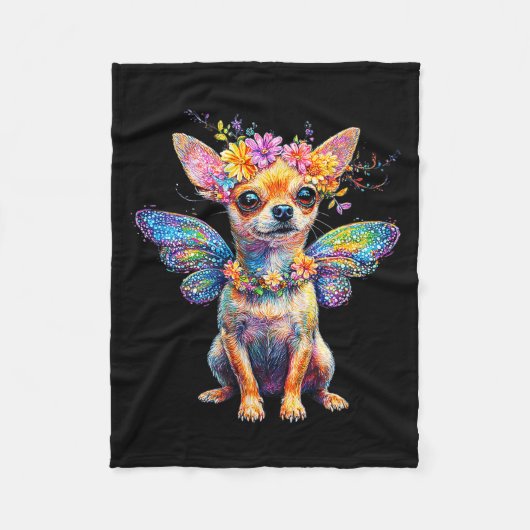 かわいいチワワの犬の天使の羽 フリースブランケット (正面)