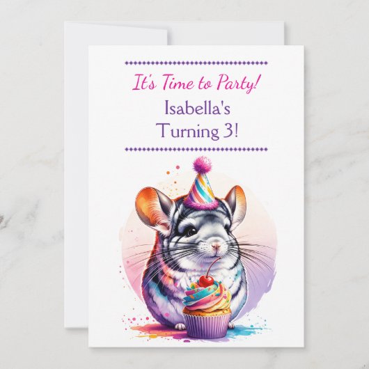 かわいいチンチラをテーマにした少女の誕生日パーティー 招待状 (正面)