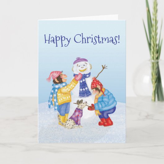 かわいいチンパンジーが雪だるまを作るクリスマスカード カード (正面)