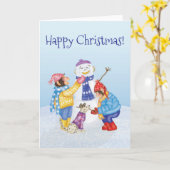 かわいいチンパンジーが雪だるまを作るクリスマスカード カード (黄色い花)