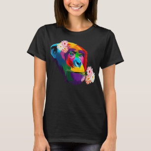 かわいいチンパンジー猿カラフルチンパンジー花 Tシャツ