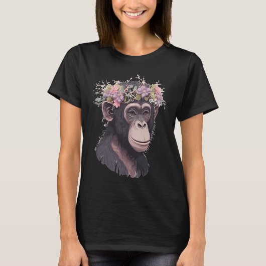 かわいいチンパンジー 花冠 フラワー おさる モンキー Tシャツ (正面)