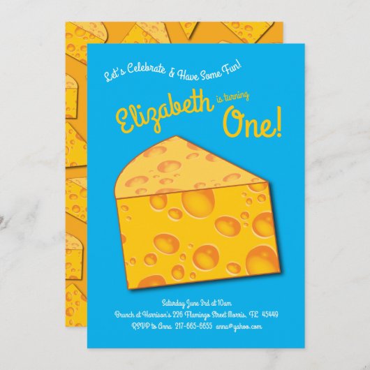 かわいいチーズウェッジキッズ1st誕生日パーティー 招待状 (正面/裏面)
