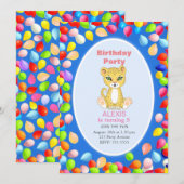 かわいいチーターと風船の5歳誕生日パーティー 招待状 (正面/裏面)