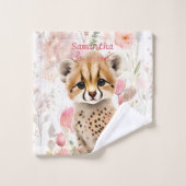 かわいいチーターの子猫 パステル水彩の花 キッズ バスタオルセット (ウォッシュタオル)