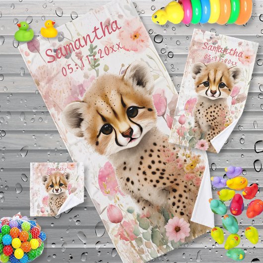 かわいいチーターの子猫 パステル水彩の花 キッズ バスタオルセット