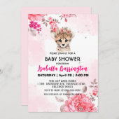 かわいいチーターの赤ちゃん ピンクの花のベビーシャワー 女の子たち 招待状 (正面/裏面)