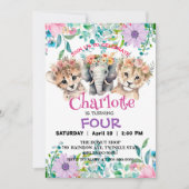 かわいいチーターライオンジャングル動物誕生日フローラ 招待状 (正面)