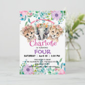 かわいいチーターライオンジャングル動物誕生日フローラ 招待状 (スタンド正面)