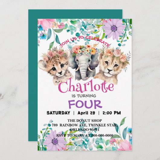 かわいいチーターライオンジャングル動物誕生日フローラ 招待状 (正面/裏面)