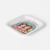 かわいいツインガールの赤ちゃんシャワー水の色テディベア ペーパープレート (傾斜あり)