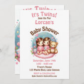 かわいいツインガールの赤ちゃんシャワー水の色テディベア 招待状 (正面/裏面)