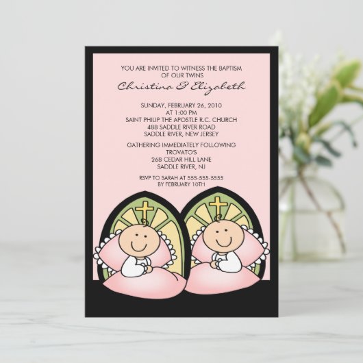 かわいいツインガールズバプテスマ《キリスト教》洗礼式や命名式 招待状 (スタンド正面)